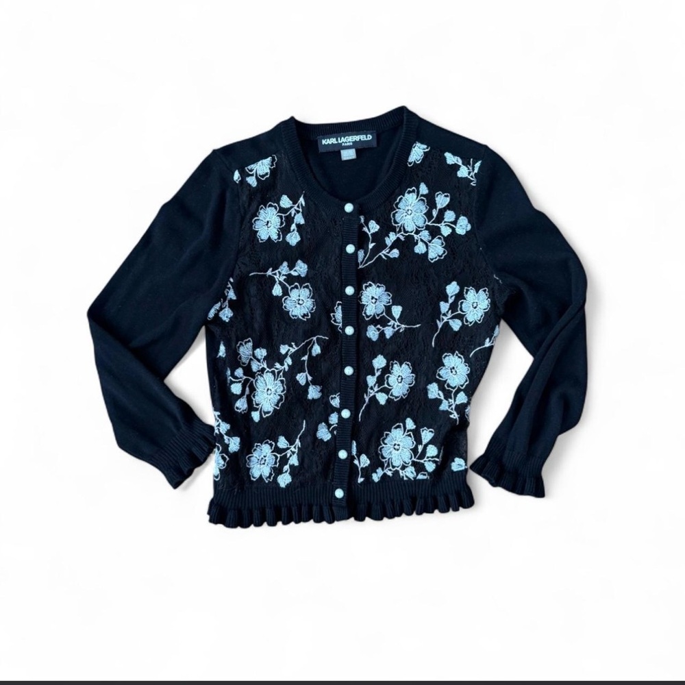 Karl Lagerfeld Black Cardigan with White Floral Design Size XS